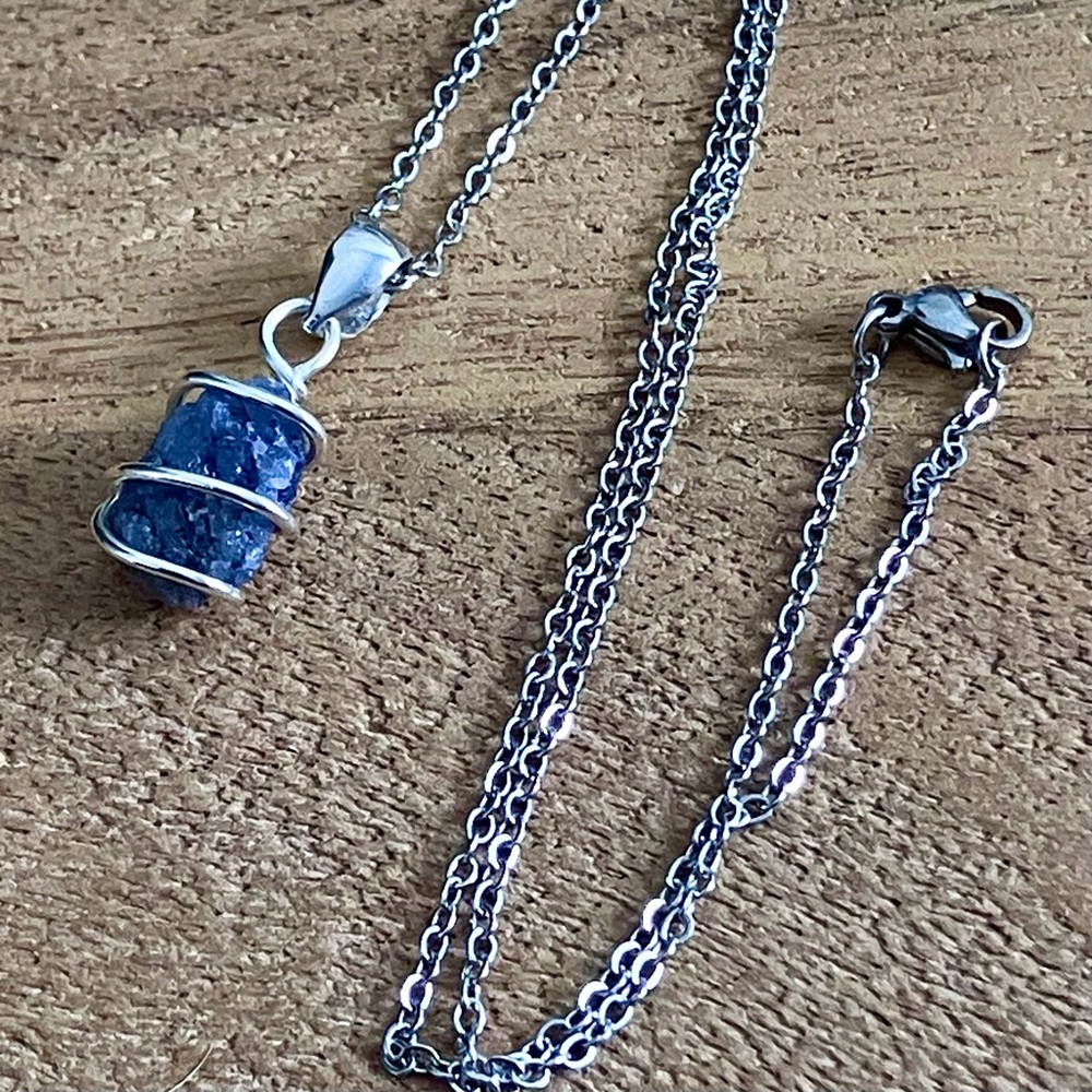 Rough Tanzanite Crystal Pendant Necklace in Sterling Silver & Stainless Steel
